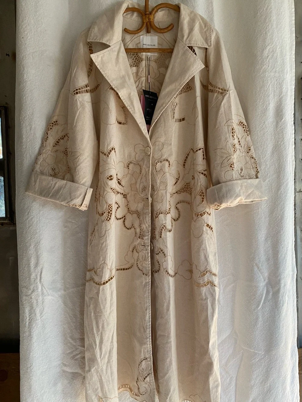 Anthropologie Avec Les Filles Cutwork Linen  Trench Coat/Duster Size Large NWT - Picture 4 of 12